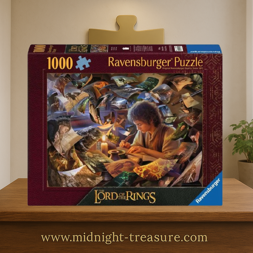 Puzzle Le Seigneur des Anneaux Le Voyage de Frodon – 1000 pièces Ravensburger. Illustration montrant Frodon écrivant son récit entouré de scènes emblématiques de la trilogie dans une composition riche en détails inspirée de la Terre du Milieu.