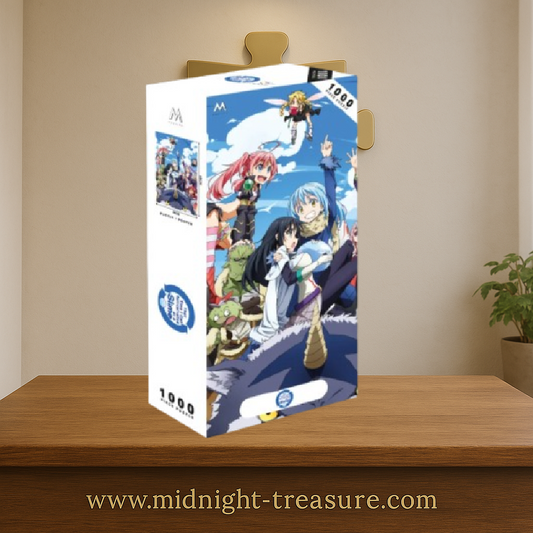 Puzzle That Time I Got Reincarnated as a Slime – 1000 pièces – 48 x 68 cm – Poster inclus. Rimuru Tempest entouré de ses alliés dans une scène joyeuse et colorée.