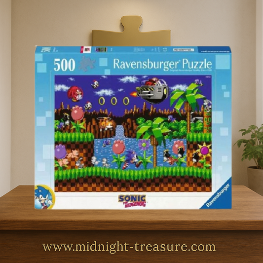 Puzzle Sonic the Hedgehog – Classic Sonic – 500 pièces – 49 x 36 cm – Ravensburger. Sonic, Tails et Knuckles dans une scène rétro pixel art avec Dr. Eggman. Un puzzle collector idéal pour les fans de Sega.