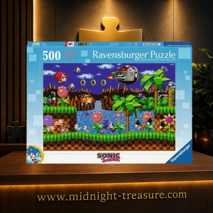 Puzzle Sonic the Hedgehog Classic Sonic – 500 pièces Ravensburger – 49 x 36 cm. Illustration rétro en pixel art réunissant Sonic, Tails, Knuckles, Dr. Eggman et de nombreux ennemis dans un décor inspiré des jeux classiques SEGA.