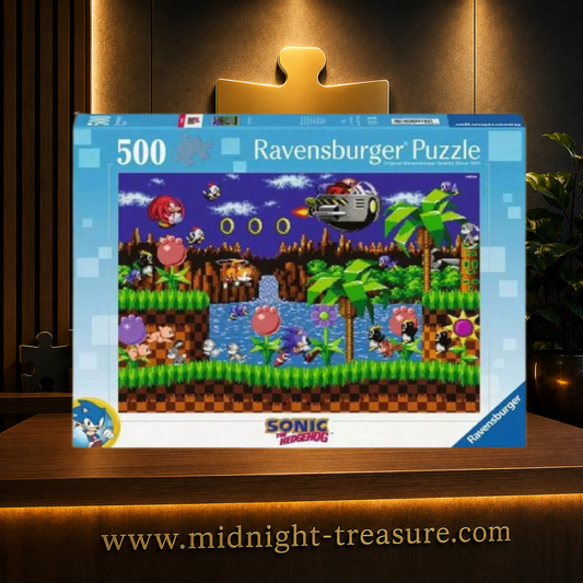 Puzzle Sonic the Hedgehog Classic Sonic – 500 pièces Ravensburger – 49 x 36 cm. Illustration rétro en pixel art réunissant Sonic, Tails, Knuckles, Dr. Eggman et de nombreux ennemis dans un décor inspiré des jeux classiques SEGA.