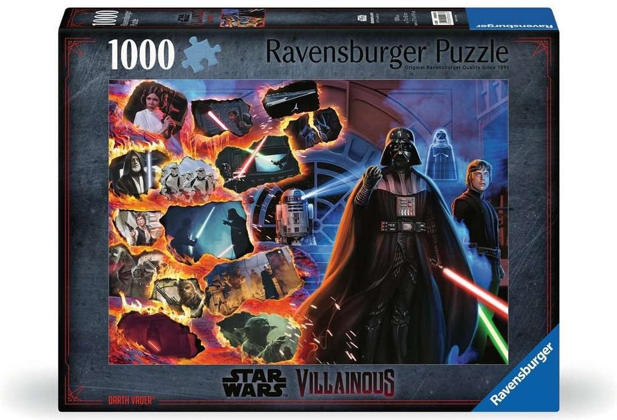 Puzzle Star Wars – Villainous Dark Vador – 1000 pièces – 70 x 50 cm – Ravensburger. Illustration spectaculaire de Dark Vador et scènes emblématiques de la saga. Un puzzle collector parfait pour les fans de Star Wars.

