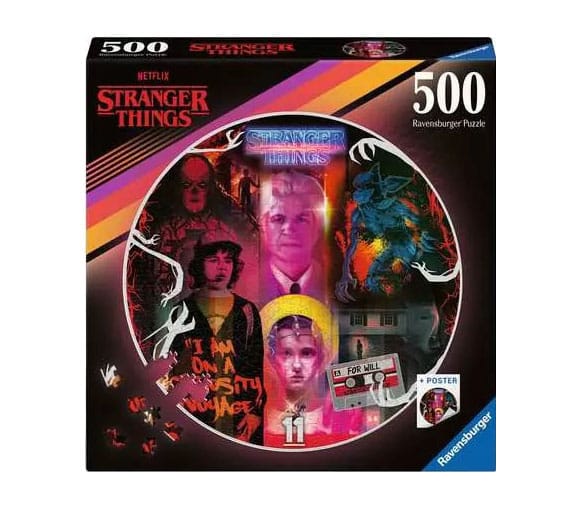 Puzzle Stranger Things – 500 pièces – Format rond 52 cm – Montage visuel regroupant Eleven, Will, Vecna, Demogorgon et éléments emblématiques de la série. Puzzle collector sous licence officielle.