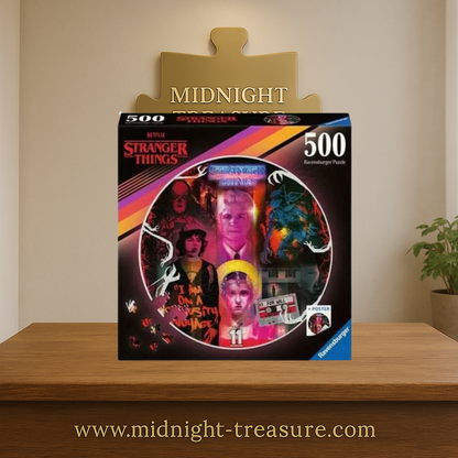 Puzzle Stranger Things – 500 pièces – Format rond 52 cm – Montage visuel regroupant Eleven, Will, Vecna, Demogorgon et éléments emblématiques de la série. Puzzle collector sous licence officielle.