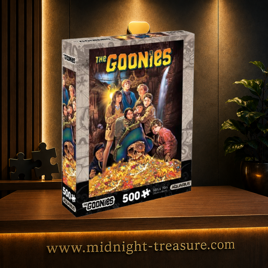 Puzzle The Goonies – 500 pièces – 35 x 48 cm – Scène culte avec les personnages autour du trésor de Willy le Borgne dans une grotte. Puzzle collector parfait pour les fans du film.