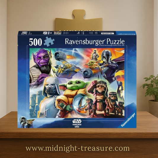 Puzzle The Mandalorian & Grogu – 500 pièces – 49 x 36 cm. Illustration officielle Star Wars mettant en scène Grogu, Din Djarin, des Snowtroopers et plusieurs personnages issus du film The Mandalorian & Grogu.