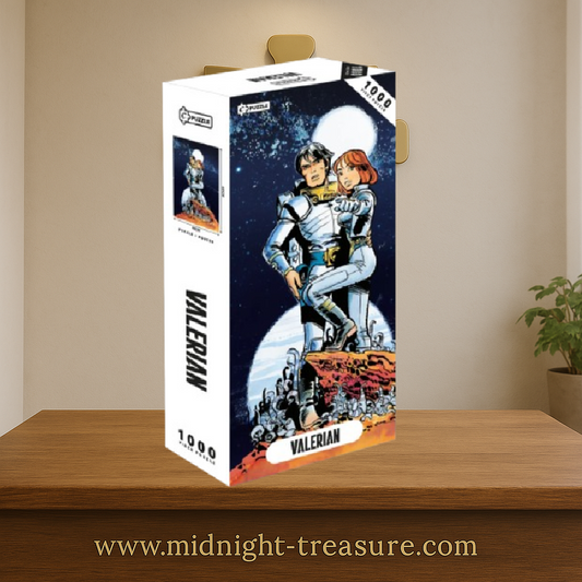 Puzzle Valérian et Laureline – Poster + Puzzle 1000 pièces – 48 x 68 cm. Illustration rétro-futuriste montrant Valérian et Laureline dans un décor spatial cosmique inspiré de la célèbre bande dessinée de science-fiction française.