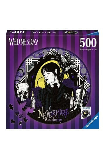 Puzzle Wednesday – Nevermore Academy – 500 pièces – Forme ronde. Un puzzle collector sombre et mystérieux représentant Wednesday dans un visuel gothique. Diamètre 52 cm, sous licence officielle.