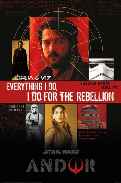 Poster Star Wars – Andor – For the Rebellion – 61 x 91,5 cm – Officiel. Cassian Andor entouré d’un Stormtrooper, de Bix et du droïde B2EMO, avec la phrase culte “Everything I do, I do for the Rebellion”.