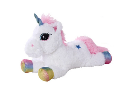 Peluche kawaii licorne – 40 cm. Peluche blanche douce avec crinière rose, corne brillante et sabots arc-en-ciel, idéale pour câlins et décoration.