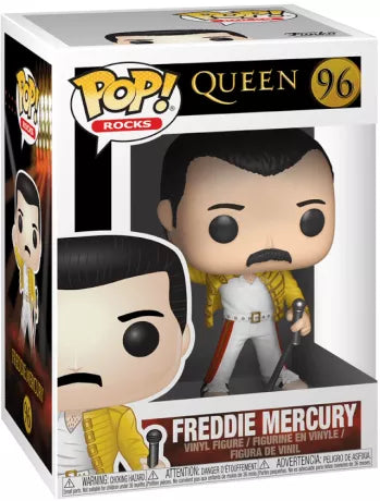 Funko Pop! Rocks Freddie Mercury Wembley 1986 – Queen. Figurine représentant Freddie Mercury en tenue jaune iconique lors du concert légendaire de Wembley pendant le Magic Tour.