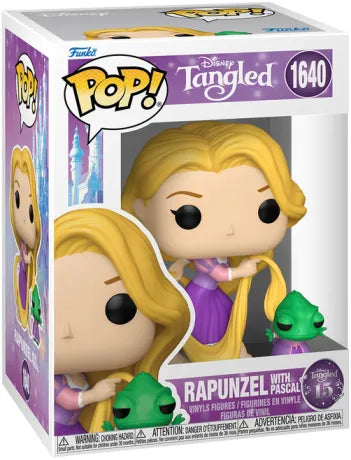 Funko Pop! Tangled (Raiponce) – Rapunzel with Pascal (N°1640). Rapunzel en robe violette avec ses longs cheveux blonds, accompagnée de Pascal à ses côtés, inspiré du début du film dans la tour.