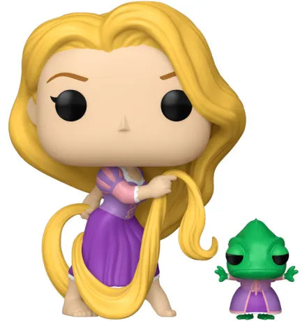Funko Pop! Tangled (Raiponce) – Rapunzel with Pascal (N°1640). Rapunzel en robe violette avec ses longs cheveux blonds, accompagnée de Pascal à ses côtés, inspiré du début du film dans la tour.