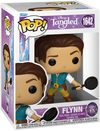Funko Pop! Tangled (Raiponce) – Flynn Rider (N°1642). Figurine représentant Flynn avec sa poêle iconique, inspirée d’une scène culte du film Disney.