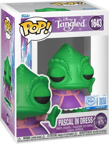 Funko Pop! Tangled – Pascal en robe (N°1643). Figurine du caméléon en robe violette.