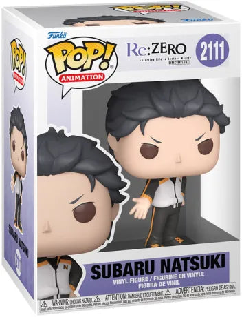 Funko Pop! Re:Zero – Subaru Natsuki (N°2111). Figurine fidèle avec tenue iconique noire et orange et pose déterminée.