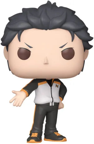 Funko Pop! Re:Zero – Subaru Natsuki (N°2111). Figurine fidèle avec tenue iconique noire et orange et pose déterminée.