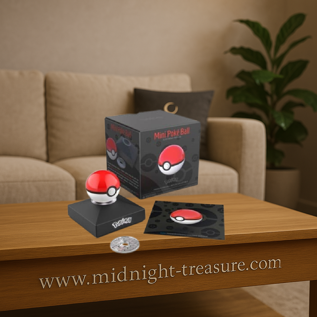 Réplique Mini Poké Ball – Pokémon – métal diecast – 9 x 10 x 10 cm. Édition avec socle lumineux et jeton Bulbizarre en argent. Un objet de collection haut de gamme pour les fans de Pokémon.