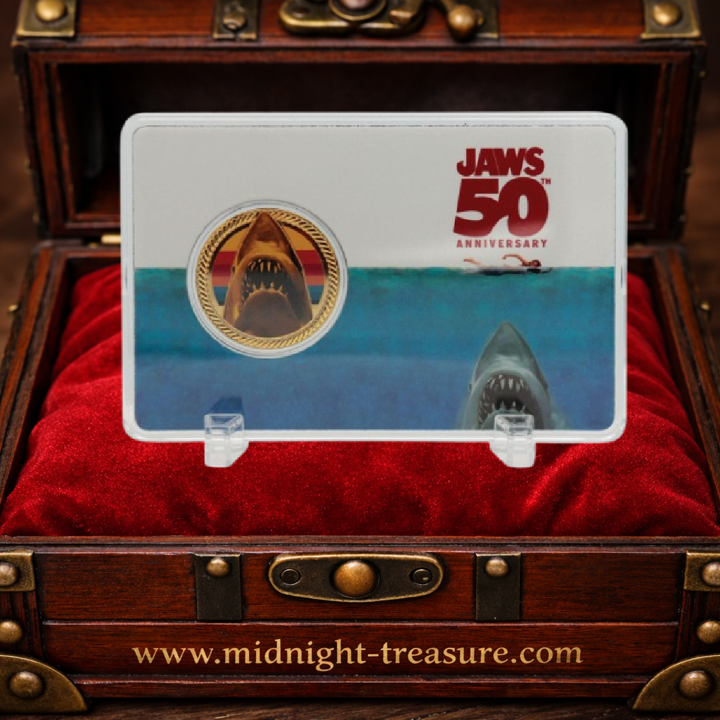Pièce de présentation Les Dents de la mer 50e anniversaire, réplique officielle plaquée or 24 carats, édition limitée numérotée, pièce de 38 mm avec présentoir.