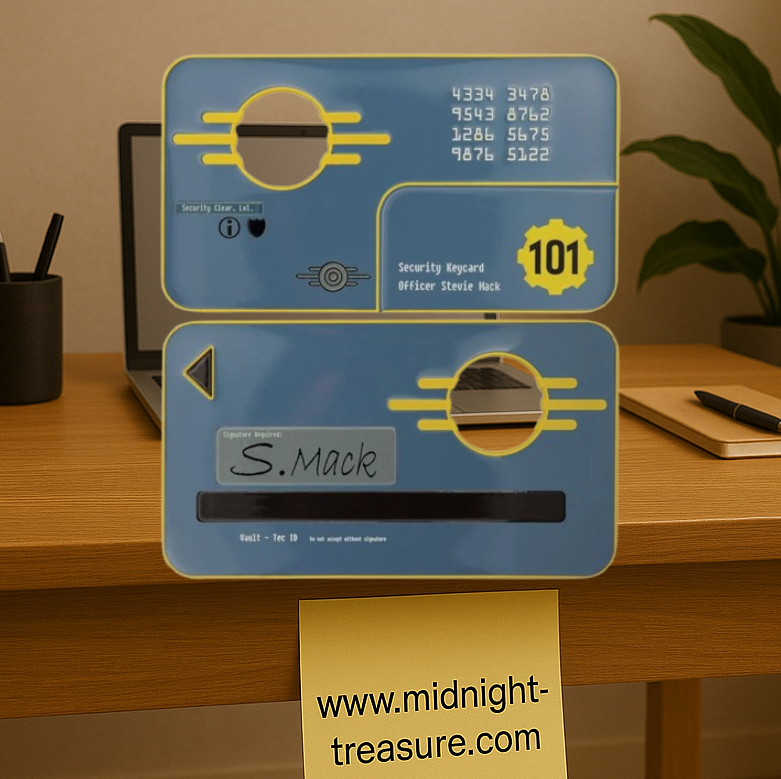 Réplique métal Vault 101 Security Keycard Fallout 3, édition limitée numérotée, carte d’accès officielle avec support d’exposition, dimensions 110 x 62 mm.