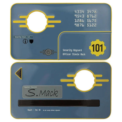 Réplique métal Vault 101 Security Keycard Fallout 3, édition limitée numérotée, carte d’accès officielle avec support d’exposition, dimensions 110 x 62 mm.
