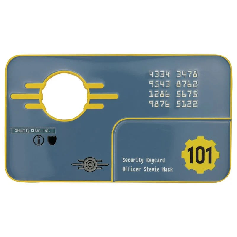 Réplique métal Vault 101 Security Keycard Fallout 3, édition limitée numérotée, carte d’accès officielle avec support d’exposition, dimensions 110 x 62 mm.