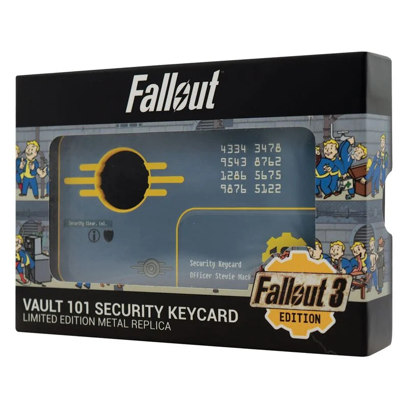 Réplique métal Vault 101 Security Keycard Fallout 3, édition limitée numérotée, carte d’accès officielle avec support d’exposition, dimensions 110 x 62 mm.