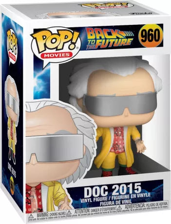 Funko Pop! Retour vers le Futur – Doc 2015 (N°960). Figurine représentant Doc Brown avec son manteau jaune, sa chemise à motifs et ses lunettes futuristes. Une pièce culte pour les fans de la trilogie.