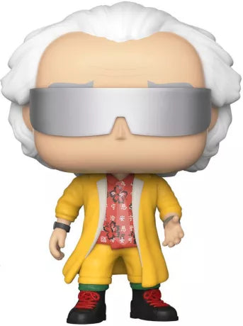 Funko Pop! Retour vers le Futur – Doc 2015 (N°960). Figurine représentant Doc Brown avec son manteau jaune, sa chemise à motifs et ses lunettes futuristes. Une pièce culte pour les fans de la trilogie.