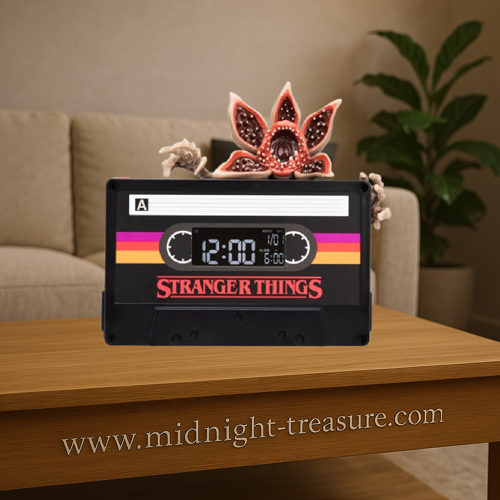 Réveil lumineux Stranger Things – Demogorgon – 12 cm. Réveil en forme de cassette rétro avec figurine Demogorgon, affichage digital et effet lumineux. Produit officiel Netflix.