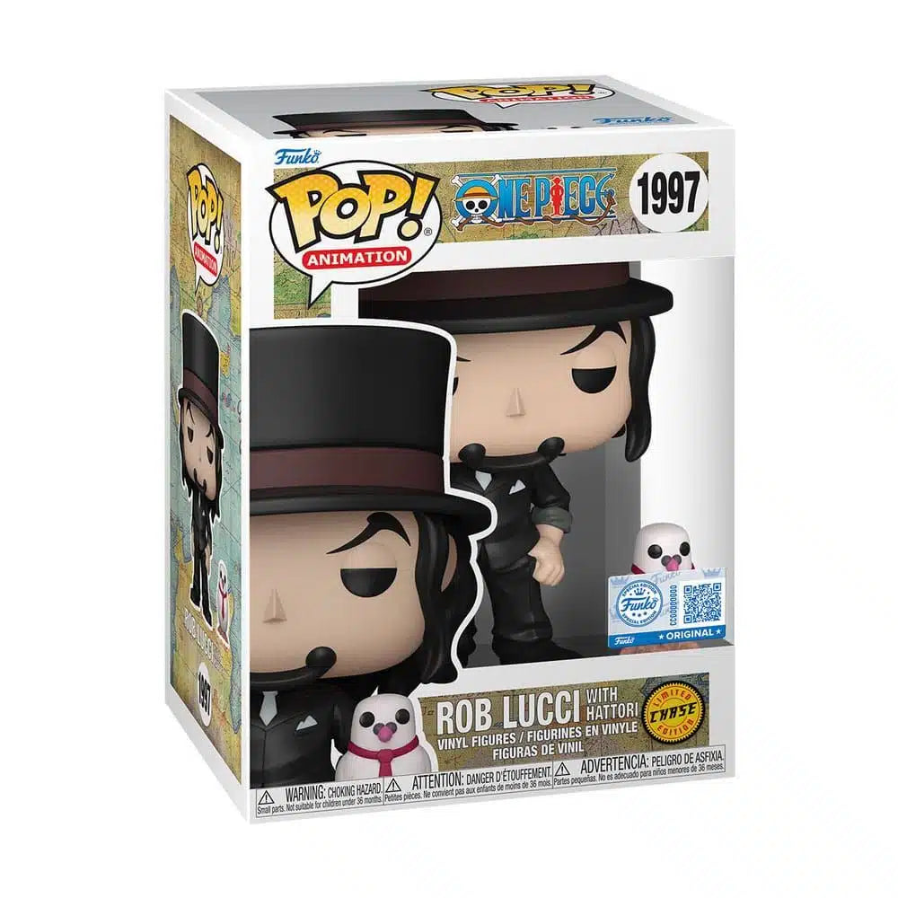 Funko Pop! One Piece – Rob Lucci with Hattori (Rob Lucci avec Hattori) – Version Chase (N°1997). Figurine rare en costume noir avec Hattori portant une cravate rouge. Une édition collector incontournable pour les fans de One Piece.