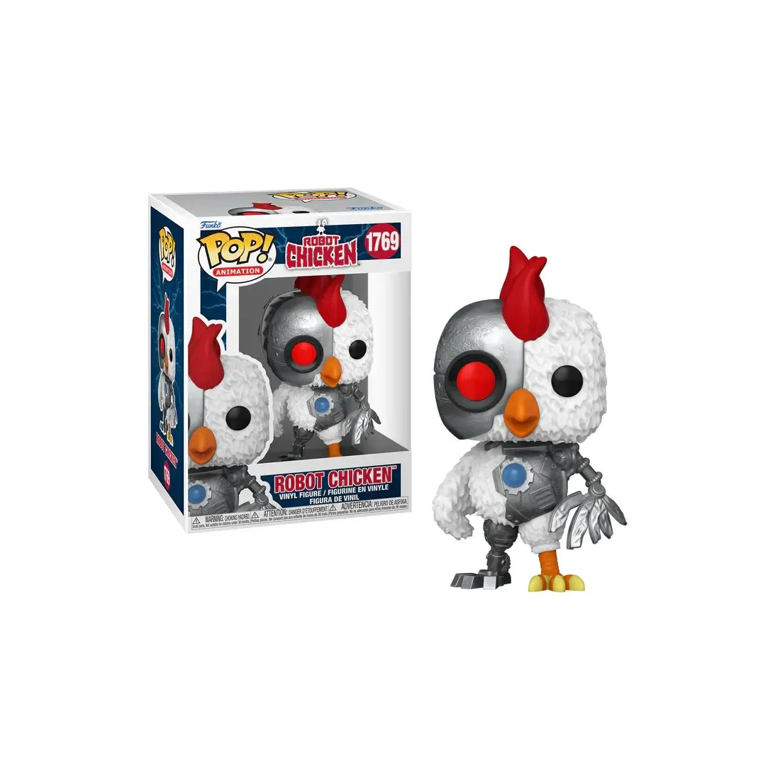 "Funko Pop! Robot Chicken – Robot Chicken (1769). Un poulet mi-robot mi-volaille avec son œil rouge cybernétique emblématique. Une figurine déjantée pour les fans de la série satirique Robot Chicken !"

