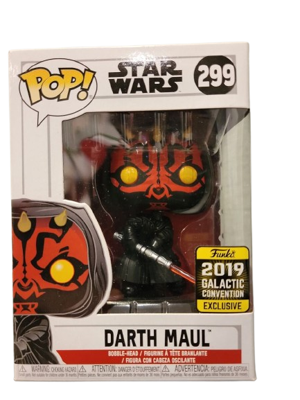 "Funko Pop! Star Wars – Darth Maul (299). Édition exclusive Galactic Convention 2019, représentant Darth Maul avec son sabre laser rouge et son design Sith iconique. Un must-have pour les fans de Star Wars !"

