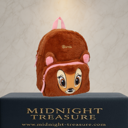 Sac à dos Bambi Disney Fluffy Festival en fausse fourrure marron, 100 % polyester, dimensions 26 x 21 x 11 cm. Sac peluche avec visage brodé, bretelles réglables et compartiments zippés, idéal pour enfants et fans Disney.