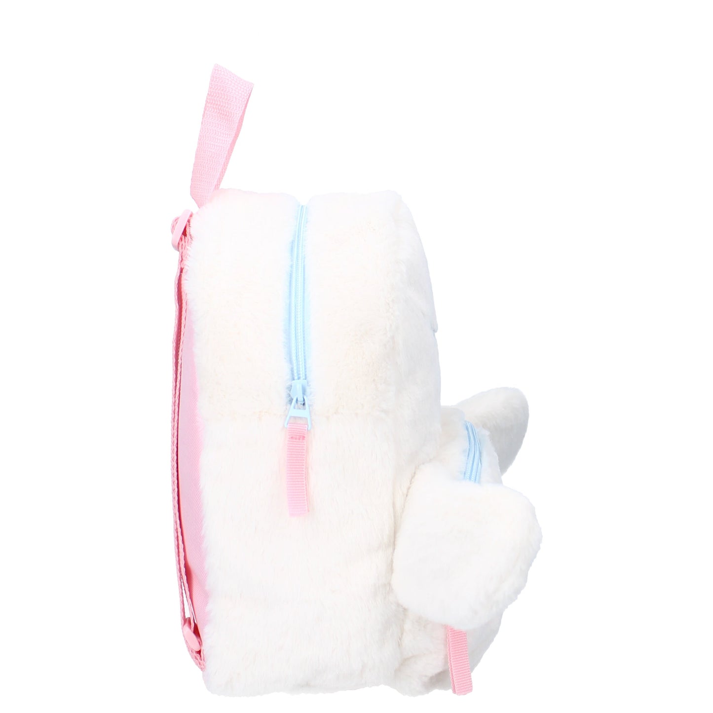 Sac à dos Sanrio – Cinnamoroll Fluffy Festival – Edition Fourrure – 21 x 11 x 26 cm. Sac blanc en peluche douce avec oreilles 3D et visage brodé de Cinnamoroll. Accessoire kawaii et collector idéal pour les fans de Sanrio.