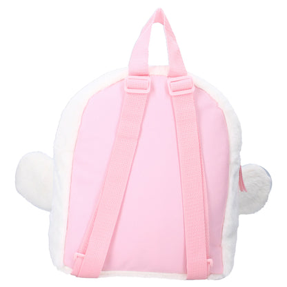 Sac à dos Sanrio – Cinnamoroll Fluffy Festival – Edition Fourrure – 21 x 11 x 26 cm. Sac blanc en peluche douce avec oreilles 3D et visage brodé de Cinnamoroll. Accessoire kawaii et collector idéal pour les fans de Sanrio.