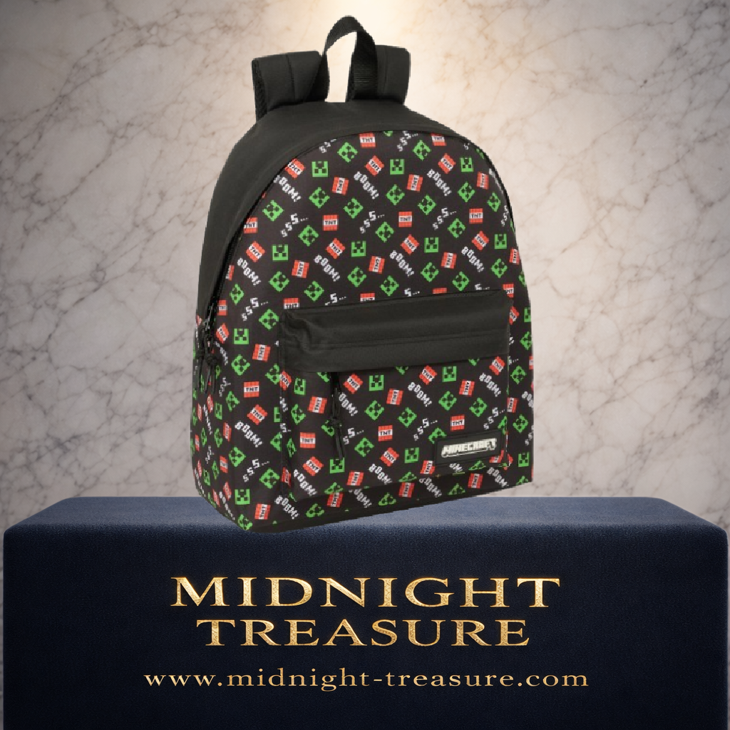 Sac à dos officiel Minecraft avec imprimé intégral Creeper, TNT et effets BOOM. Modèle noir de 42 x 33 x 15 cm doté d'un grand compartiment principal et d'une poche avant zippée, idéal pour l'école et les fans du célèbre jeu vidéo.