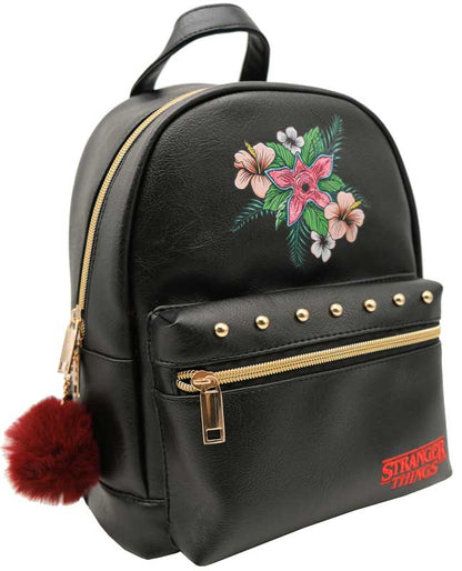 Sac à dos Demogorgon Stranger Things noir avec motif floral, licence officielle, dimensions 28 x 22 x 11 cm, design élégant inspiré de la série Netflix.