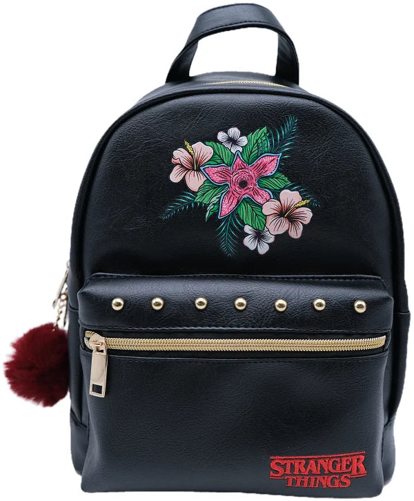 Sac à dos Demogorgon Stranger Things noir avec motif floral, licence officielle, dimensions 28 x 22 x 11 cm, design élégant inspiré de la série Netflix.