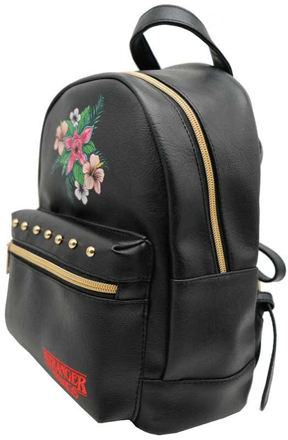Sac à dos Demogorgon Stranger Things noir avec motif floral, licence officielle, dimensions 28 x 22 x 11 cm, design élégant inspiré de la série Netflix.
