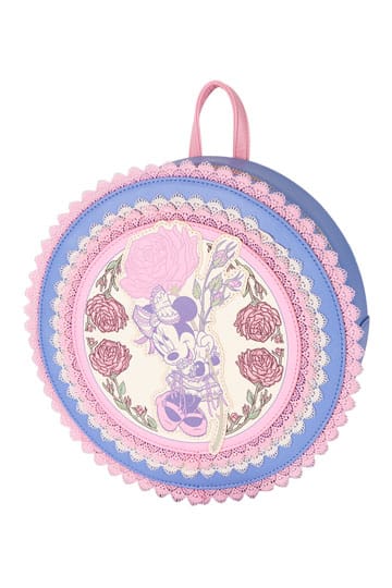 Sac à dos Disney Loungefly – Minnie Floral and Lace. Design rond orné de dentelle rose et de fleurs, avec Minnie au centre. Un accessoire élégant et poétique pour les fans de Disney.