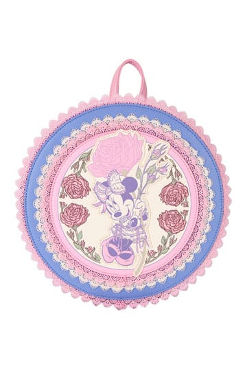 Sac à dos Disney Loungefly – Minnie Floral and Lace. Design rond orné de dentelle rose et de fleurs, avec Minnie au centre. Un accessoire élégant et poétique pour les fans de Disney.