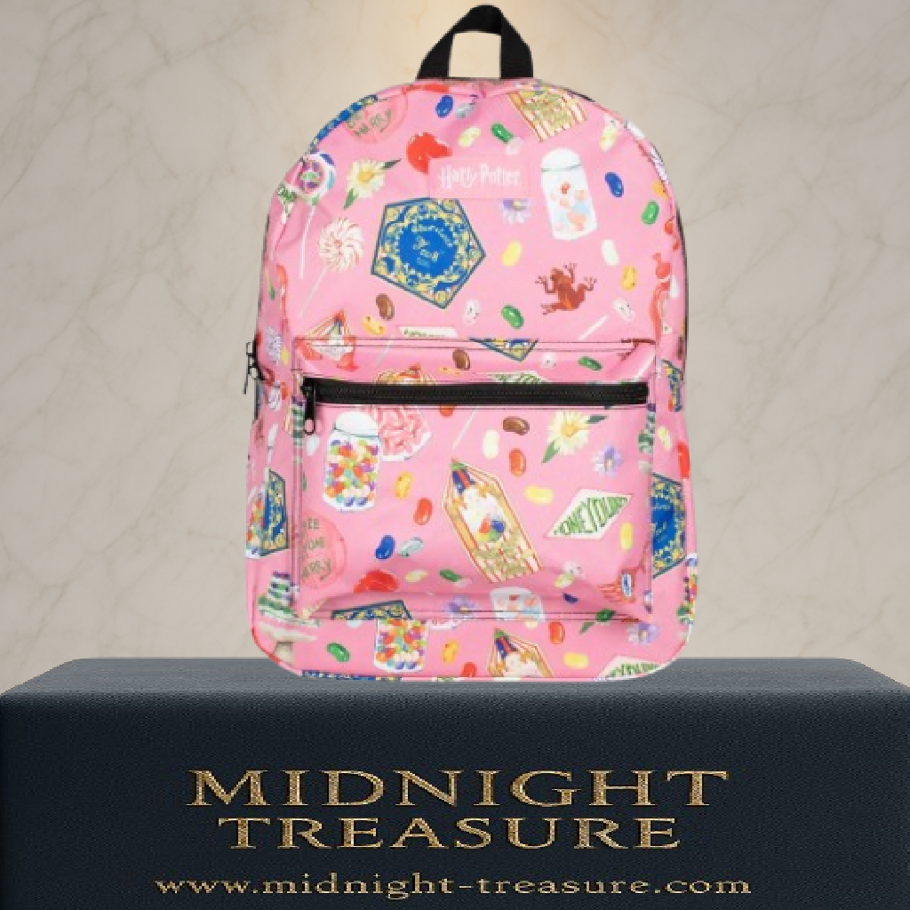 Sac à dos Harry Potter – Honeydukes – 40 x 30 x 12 cm. Sac coloré avec motifs de confiseries magiques emblématiques, poche frontale zippée et bretelles réglables.