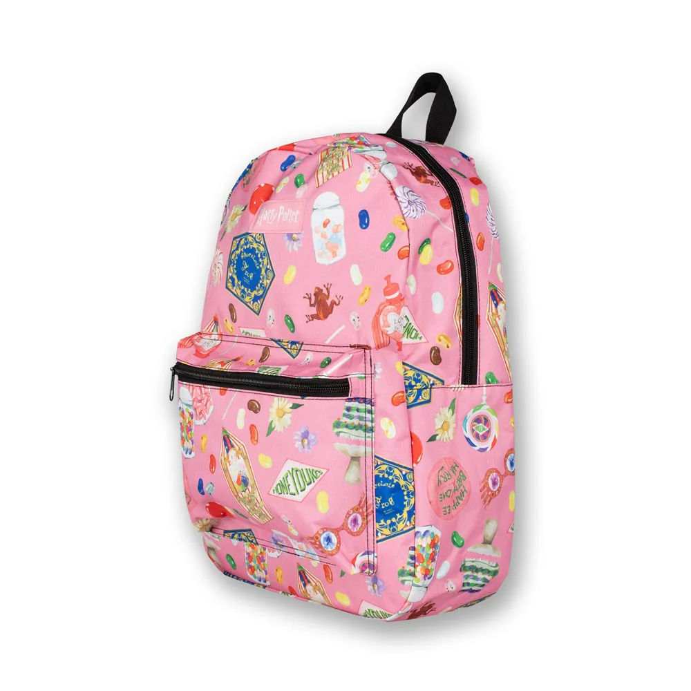 Sac à dos Harry Potter – Honeydukes – 40 x 30 x 12 cm. Sac coloré avec motifs de confiseries magiques emblématiques, poche frontale zippée et bretelles réglables.