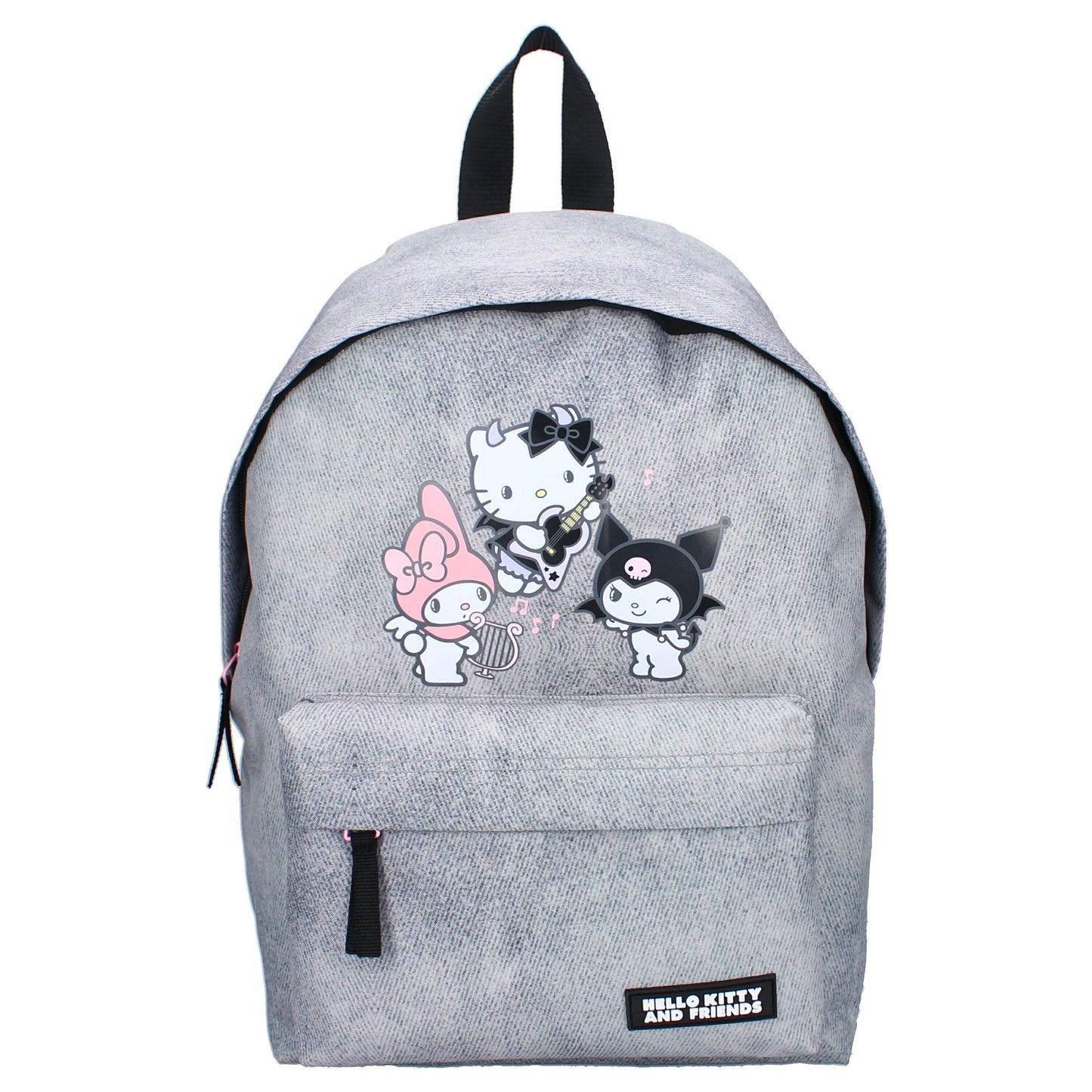 Sac à dos Hello Kitty & Friends – Courageous Crew – 26 cm – Sanrio. Hello Kitty, My Melody et Kuromi sur fond gris effet denim. Un sac adorable parfait pour les fans de l’univers kawaii.