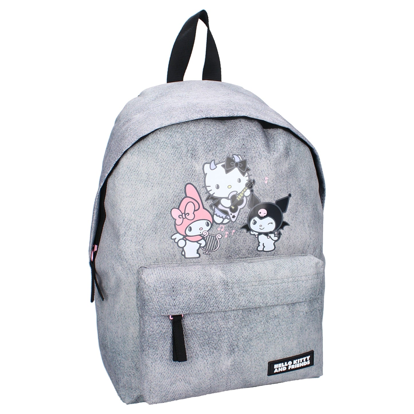 Sac à dos Hello Kitty & Friends – Courageous Crew – 26 cm – Sanrio. Hello Kitty, My Melody et Kuromi sur fond gris effet denim. Un sac adorable parfait pour les fans de l’univers kawaii.