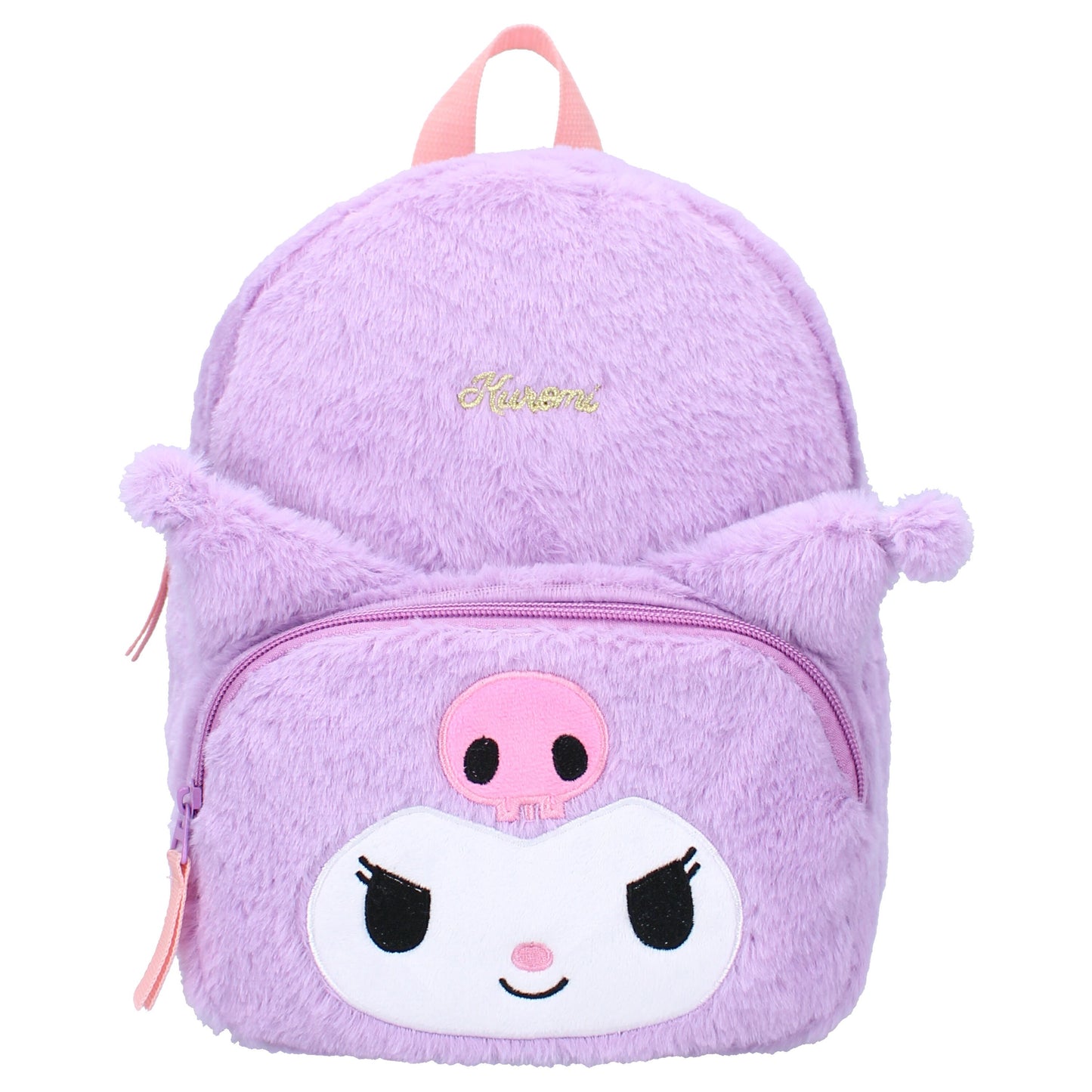Sac à dos Sanrio – Kuromi Fluffy Festival – Edition Fourrure – 21 x 11 x 26 cm. Sac violet en peluche douce avec oreilles 3D et visage brodé de Kuromi. Accessoire kawaii et collector parfait pour les fans de Sanrio.