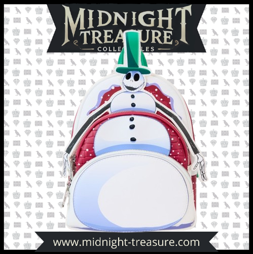 "Sac à Dos Loungefly – Jack Skellington Bonhomme de Neige – L’Étrange Noël de Monsieur Jack. Ce sac à dos unique met en avant Jack Skellington déguisé en bonhomme de neige avec des détails festifs et un design original, parfait pour les fans de Tim Burton !"

