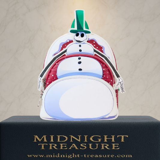 "Sac Ă Dos Loungefly â Jack Skellington Bonhomme de Neige â LâĂtrange NoĂ«l de Monsieur Jack. Ce sac Ă dos unique met en avant Jack Skellington dĂ©guisĂ© en bonhomme de neige avec des dĂ©tails festifs et un design original, parfait pour les fans de Tim Burton !"