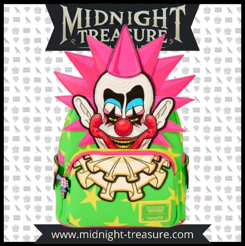 "Sac à Dos Loungefly – Killer Klowns – Modèle Spikey – Design Coloré et Original. Un sac à dos unique aux couleurs vives avec la tête iconique de Spikey, parfait pour les fans du film culte 'Killer Klowns from Outer Space' !"

